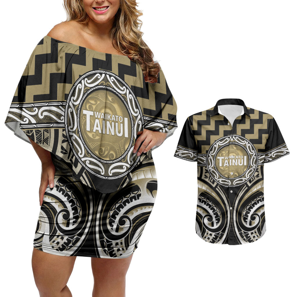 Aotearoa Waikato Tainui Personalised Couples Matching Off Shoulder Short Dress and Hawaiian Shirt Maori Iwi Poutama Puhoro Tattoo LT14 Old Yellow - Polynesian Pride