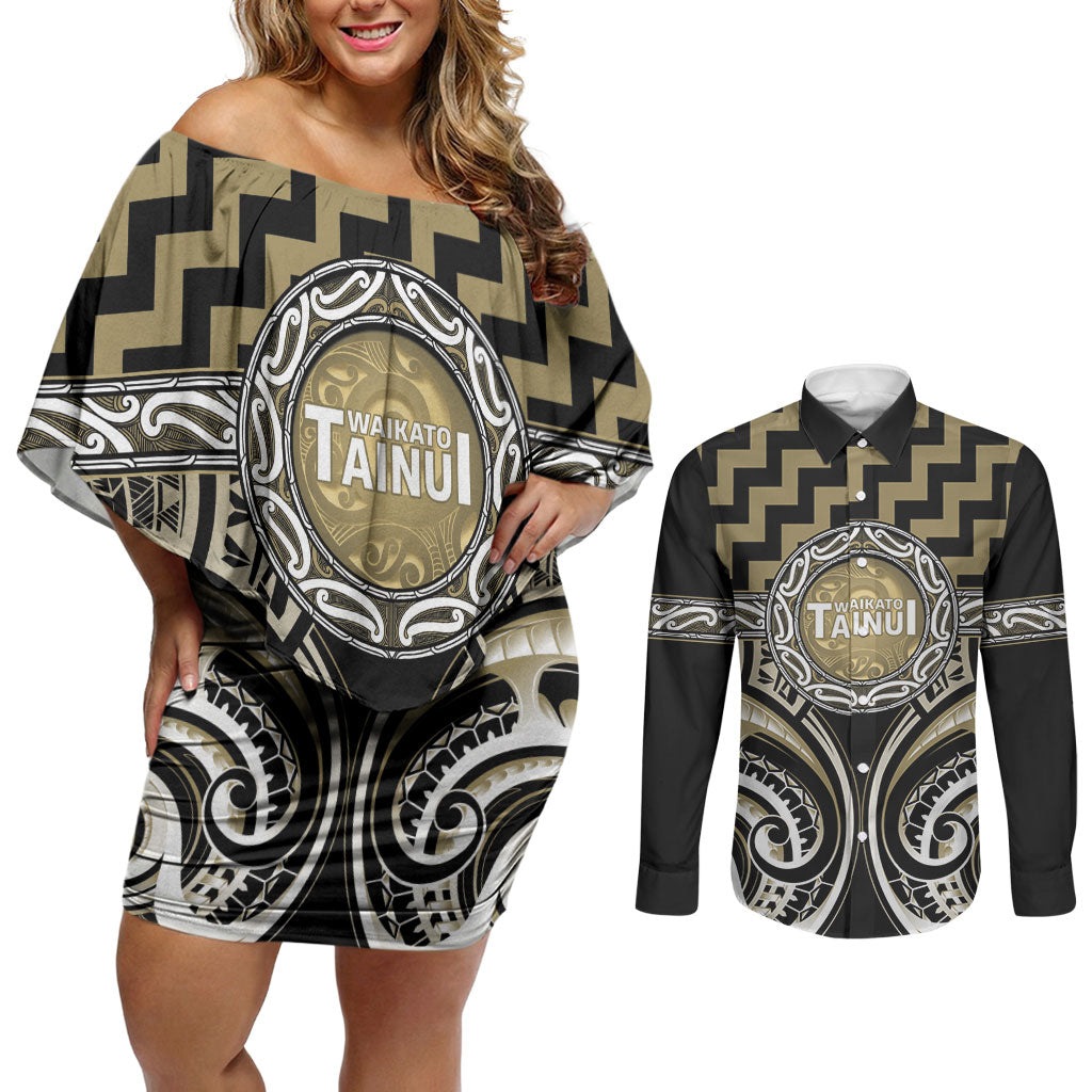 Aotearoa Waikato Tainui Personalised Couples Matching Off Shoulder Short Dress and Long Sleeve Button Shirt Maori Iwi Poutama Puhoro Tattoo LT14 Old Yellow - Polynesian Pride