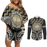 Aotearoa Waikato Tainui Personalised Couples Matching Off Shoulder Short Dress and Long Sleeve Button Shirt Maori Iwi Poutama Puhoro Tattoo LT14 Old Yellow - Polynesian Pride