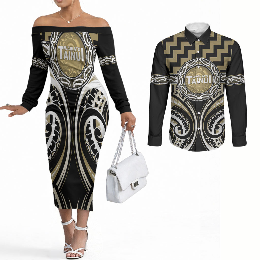 Aotearoa Waikato Tainui Personalised Couples Matching Off The Shoulder Long Sleeve Dress and Long Sleeve Button Shirt Maori Iwi Poutama Puhoro Tattoo LT14 Old Yellow - Polynesian Pride