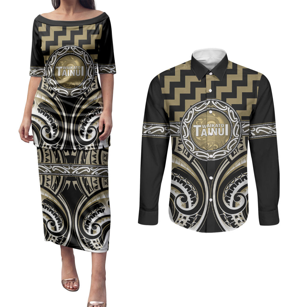 Aotearoa Waikato Tainui Personalised Couples Matching Puletasi and Long Sleeve Button Shirt Maori Iwi Poutama Puhoro Tattoo LT14 Old Yellow - Polynesian Pride