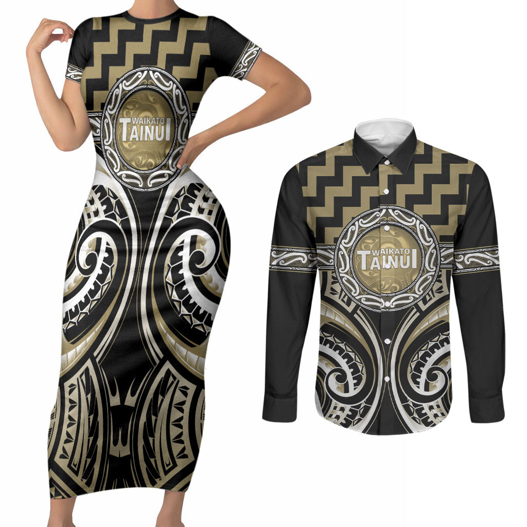 Aotearoa Waikato Tainui Personalised Couples Matching Short Sleeve Bodycon Dress and Long Sleeve Button Shirt Maori Iwi Poutama Puhoro Tattoo LT14 Old Yellow - Polynesian Pride