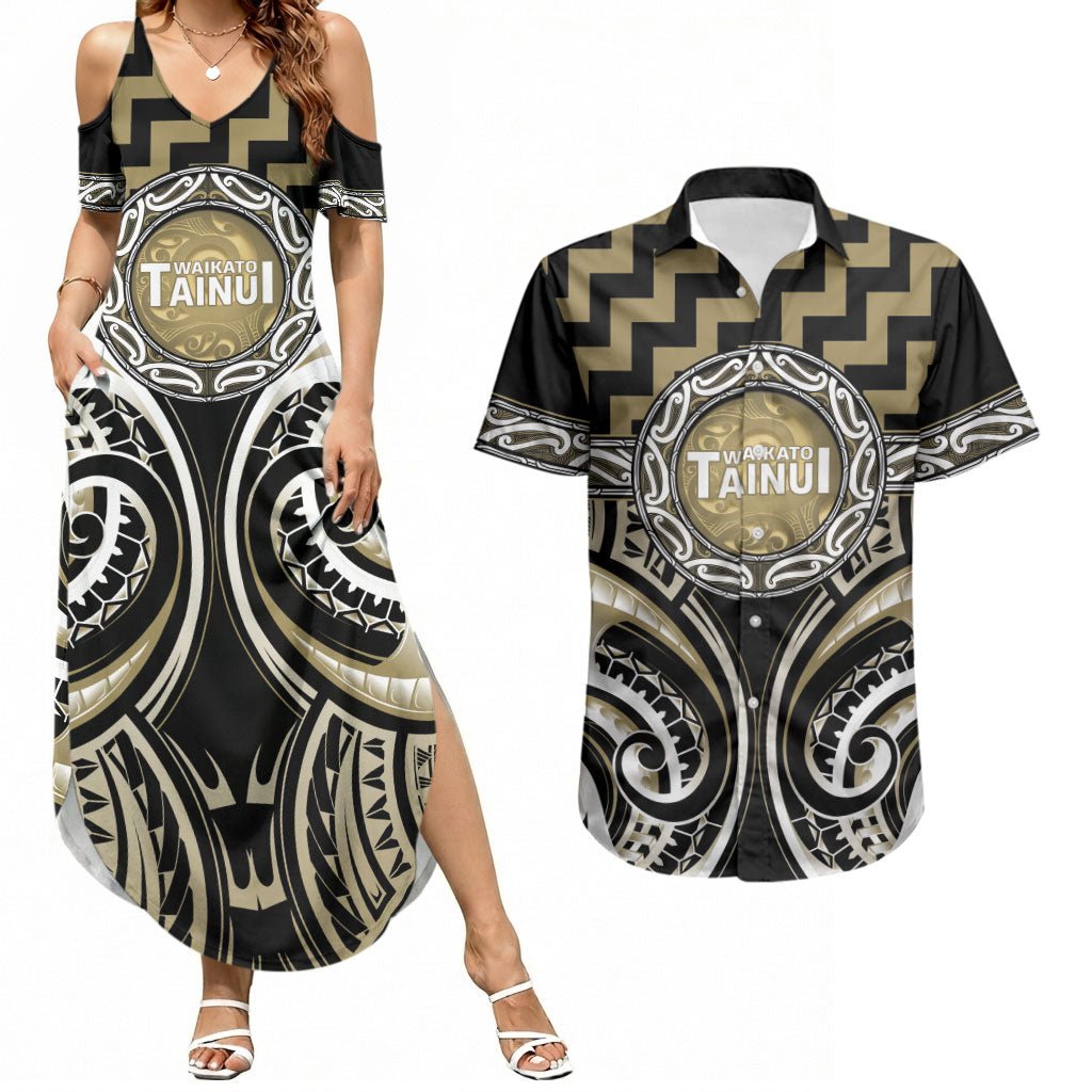 Aotearoa Waikato Tainui Personalised Couples Matching Summer Maxi Dress and Hawaiian Shirt Maori Iwi Poutama Puhoro Tattoo LT14 Old Yellow - Polynesian Pride