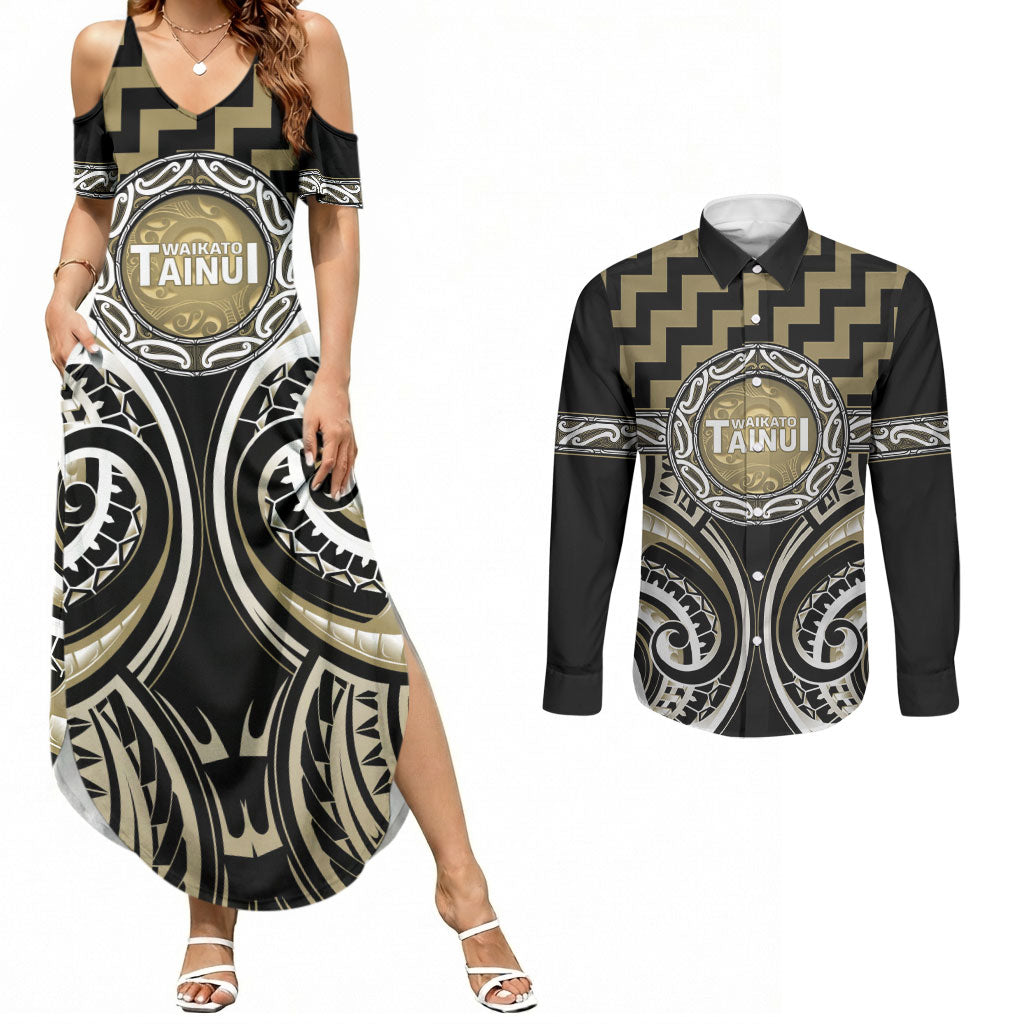 Aotearoa Waikato Tainui Personalised Couples Matching Summer Maxi Dress and Long Sleeve Button Shirt Maori Iwi Poutama Puhoro Tattoo LT14 Old Yellow - Polynesian Pride