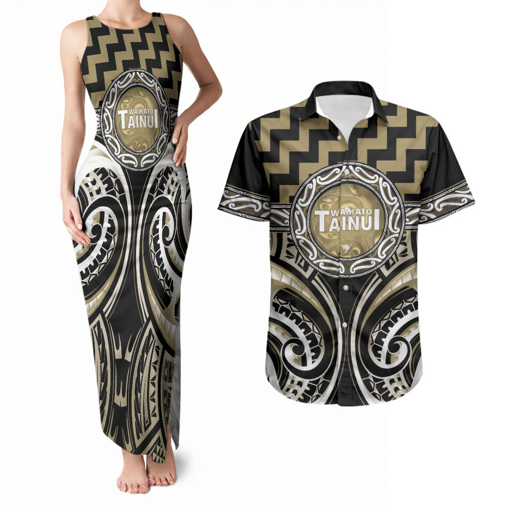 Aotearoa Waikato Tainui Personalised Couples Matching Tank Maxi Dress and Hawaiian Shirt Maori Iwi Poutama Puhoro Tattoo LT14 Old Yellow - Polynesian Pride