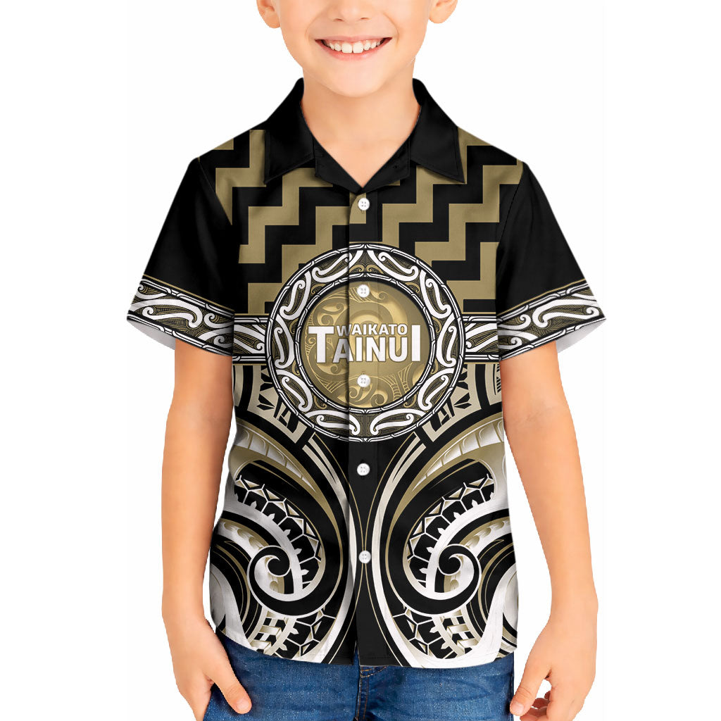Aotearoa Waikato Tainui Personalised Kid Hawaiian Shirt Maori Iwi Poutama Puhoro Tattoo LT14 Kid Old Yellow - Polynesian Pride
