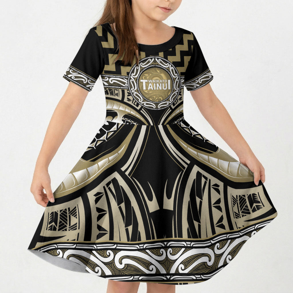 Aotearoa Waikato Tainui Personalised Kid Short Sleeve Dress Maori Iwi Poutama Puhoro Tattoo LT14 KID Old Yellow - Polynesian Pride