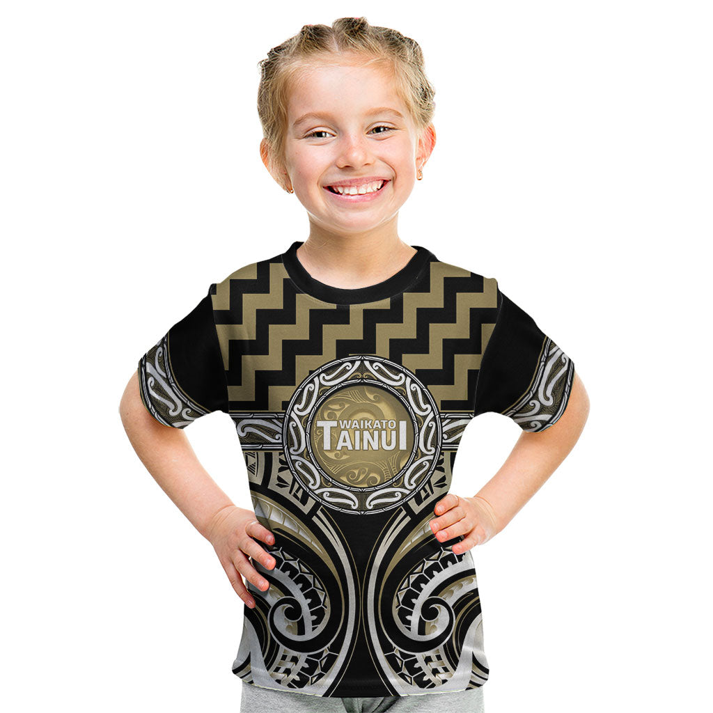 Aotearoa Waikato Tainui Personalised Kid T Shirt Maori Iwi Poutama Puhoro Tattoo LT14 Old Yellow - Polynesian Pride