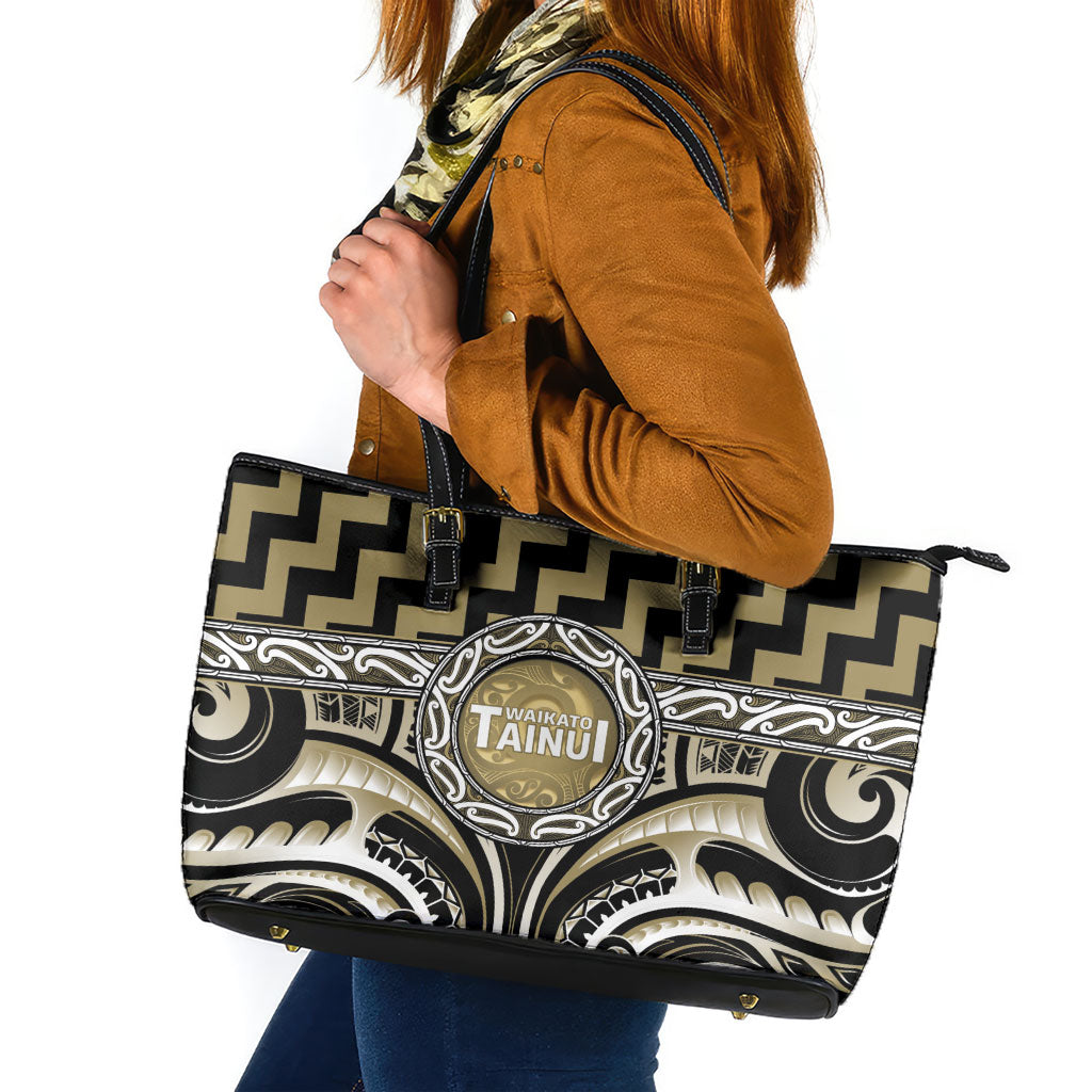 Aotearoa Waikato Tainui Leather Tote Bag Maori Iwi Poutama Puhoro Tattoo LT14 Old Yellow - Polynesian Pride