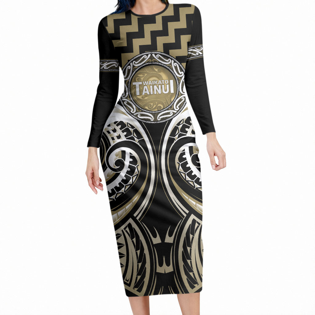Aotearoa Waikato Tainui Personalised Long Sleeve Bodycon Dress Maori Iwi Poutama Puhoro Tattoo LT14 Long Dress Old Yellow - Polynesian Pride