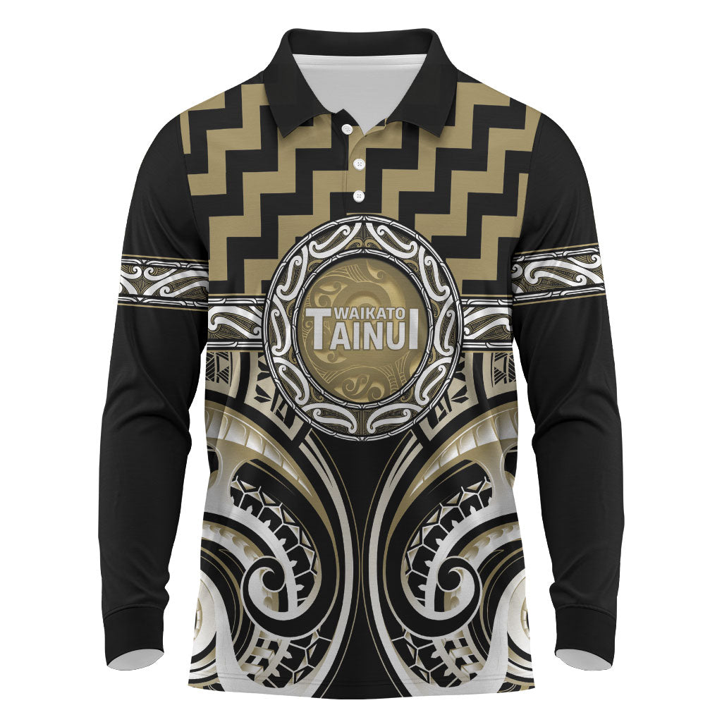 Aotearoa Waikato Tainui Personalised Long Sleeve Polo Shirt Maori Iwi Poutama Puhoro Tattoo LT14 Old Yellow - Polynesian Pride