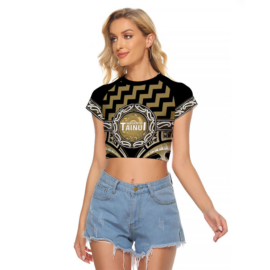 Aotearoa Waikato Tainui Personalised Raglan Cropped T Shirt Maori Iwi Poutama Puhoro Tattoo LT14 Female Old Yellow - Polynesian Pride