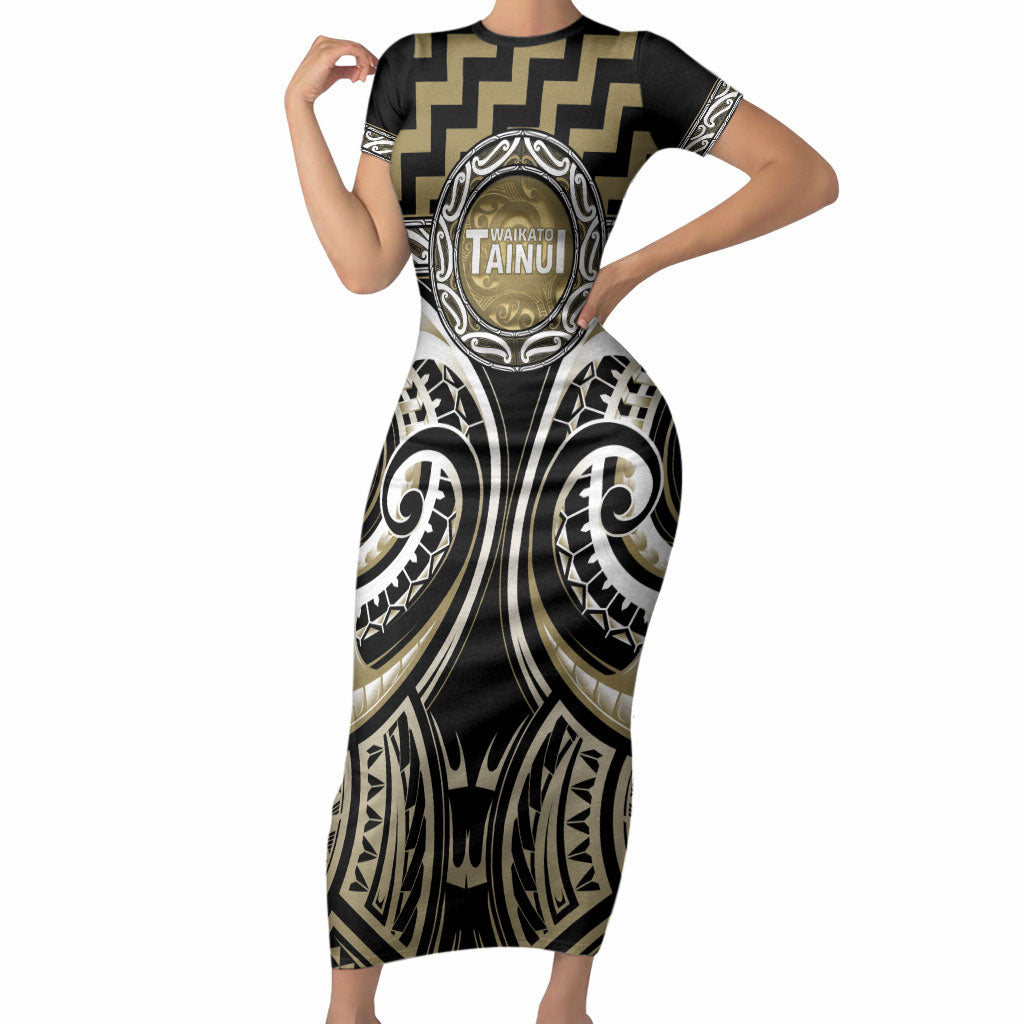 Aotearoa Waikato Tainui Personalised Short Sleeve Bodycon Dress Maori Iwi Poutama Puhoro Tattoo LT14 Long Dress Old Yellow - Polynesian Pride