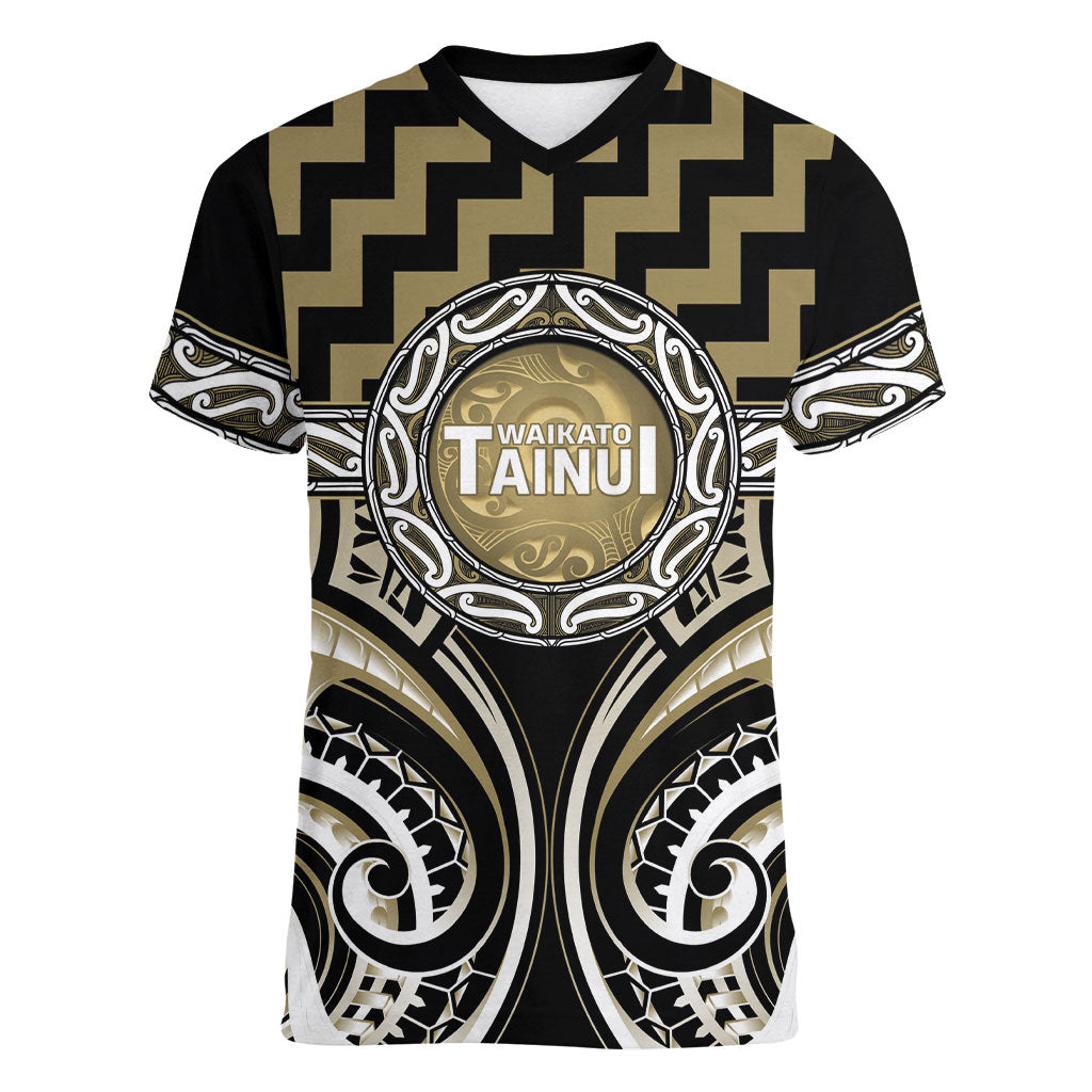 Aotearoa Waikato Tainui Personalised Women V-Neck T-Shirt Maori Iwi Poutama Puhoro Tattoo LT14 Female Old Yellow - Polynesian Pride