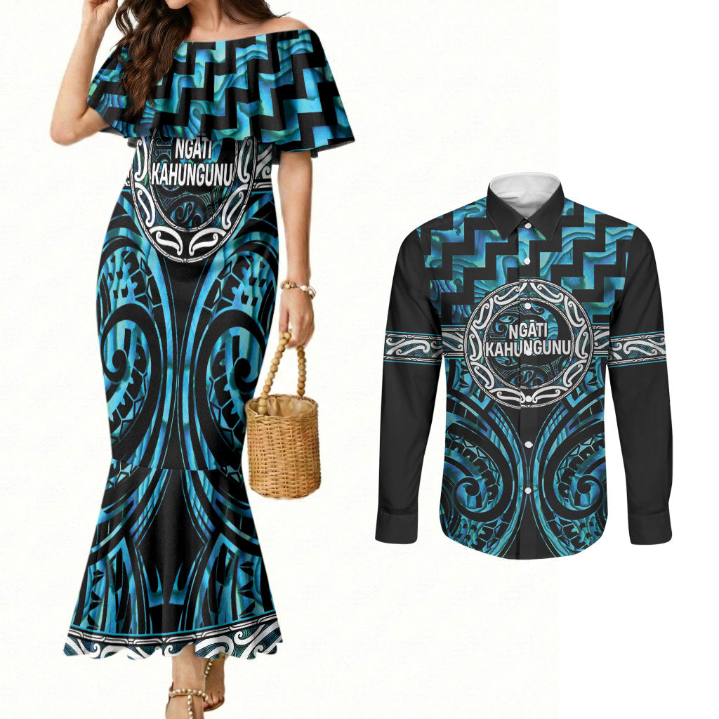 Aotearoa Ngati Kahungunu Personalised Couples Matching Mermaid Dress and Long Sleeve Button Shirt Maori Iwi Poutama Puhoro Tattoo LT14 Turquoise - Polynesian Pride