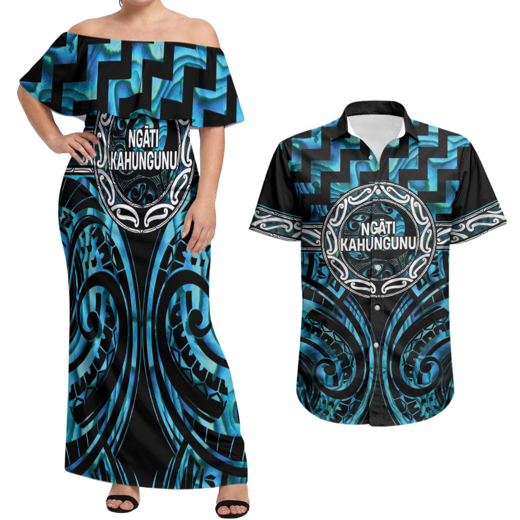Aotearoa Ngati Kahungunu Personalised Couples Matching Off Shoulder Maxi Dress and Hawaiian Shirt Maori Iwi Poutama Puhoro Tattoo LT14 Turquoise - Polynesian Pride