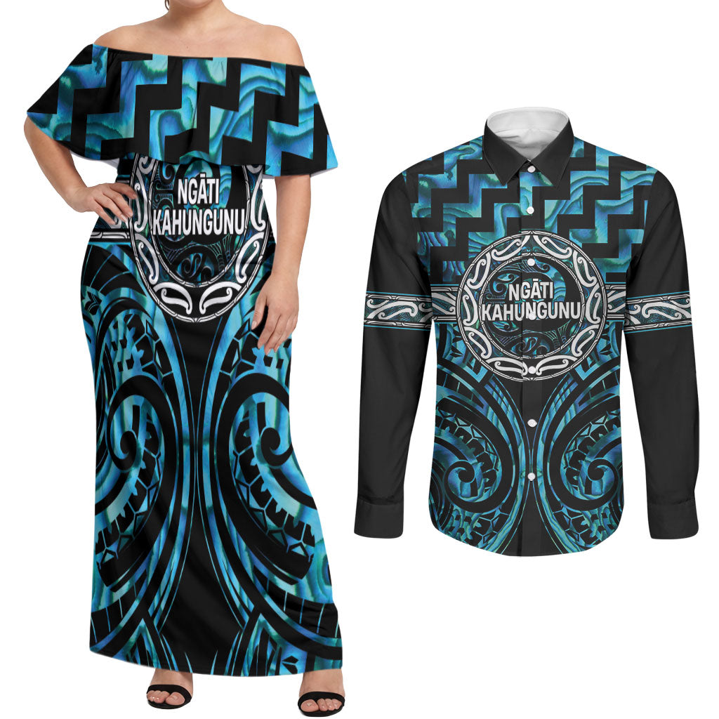 Aotearoa Ngati Kahungunu Personalised Couples Matching Off Shoulder Maxi Dress and Long Sleeve Button Shirt Maori Iwi Poutama Puhoro Tattoo LT14 Turquoise - Polynesian Pride