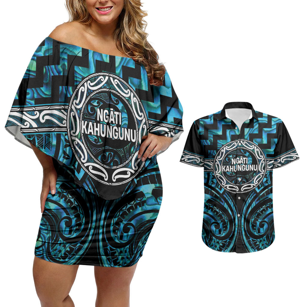 Aotearoa Ngati Kahungunu Personalised Couples Matching Off Shoulder Short Dress and Hawaiian Shirt Maori Iwi Poutama Puhoro Tattoo LT14 Turquoise - Polynesian Pride