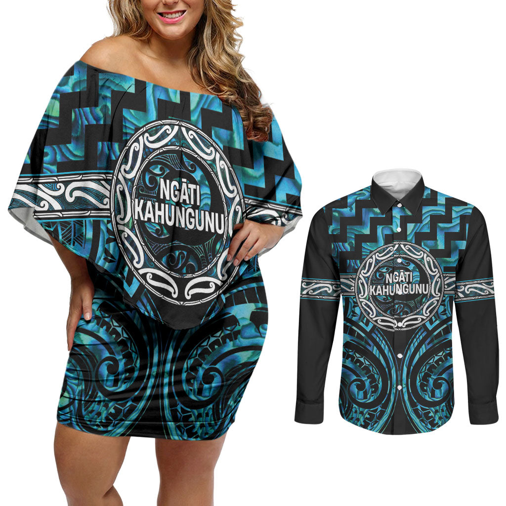 Aotearoa Ngati Kahungunu Personalised Couples Matching Off Shoulder Short Dress and Long Sleeve Button Shirt Maori Iwi Poutama Puhoro Tattoo LT14 Turquoise - Polynesian Pride