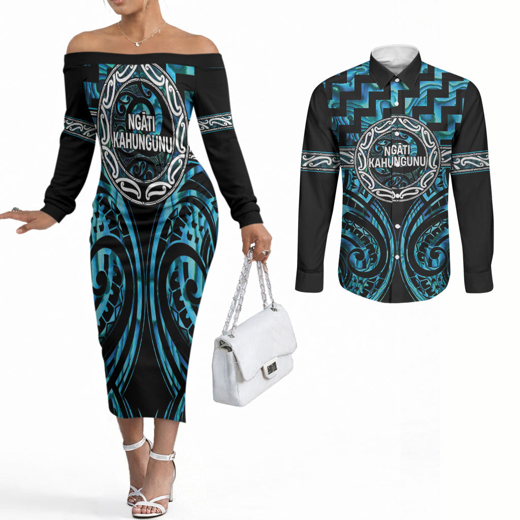 Aotearoa Ngati Kahungunu Personalised Couples Matching Off The Shoulder Long Sleeve Dress and Long Sleeve Button Shirt Maori Iwi Poutama Puhoro Tattoo LT14 Turquoise - Polynesian Pride