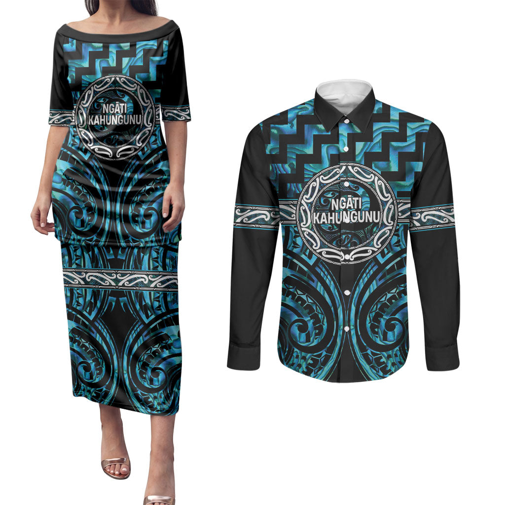 Aotearoa Ngati Kahungunu Personalised Couples Matching Puletasi and Long Sleeve Button Shirt Maori Iwi Poutama Puhoro Tattoo LT14 Turquoise - Polynesian Pride