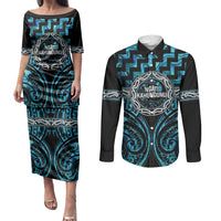 Aotearoa Ngati Kahungunu Personalised Couples Matching Puletasi and Long Sleeve Button Shirt Maori Iwi Poutama Puhoro Tattoo LT14 Turquoise - Polynesian Pride