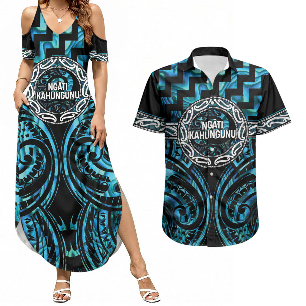 Aotearoa Ngati Kahungunu Personalised Couples Matching Summer Maxi Dress and Hawaiian Shirt Maori Iwi Poutama Puhoro Tattoo LT14 Turquoise - Polynesian Pride