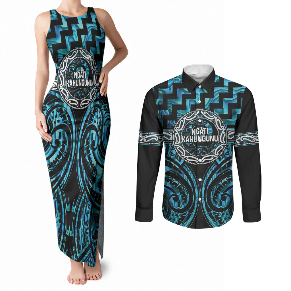 Aotearoa Ngati Kahungunu Personalised Couples Matching Tank Maxi Dress and Long Sleeve Button Shirt Maori Iwi Poutama Puhoro Tattoo LT14 Turquoise - Polynesian Pride