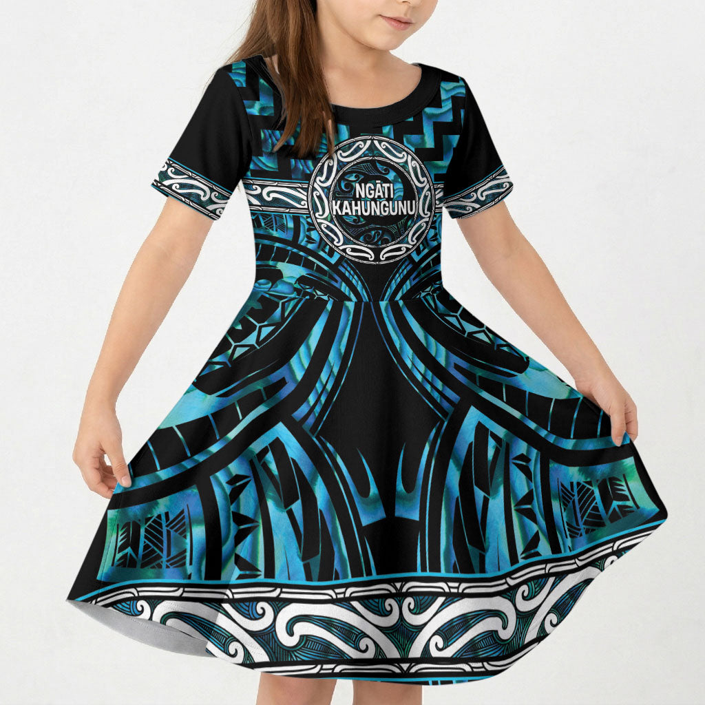Aotearoa Ngati Kahungunu Personalised Kid Short Sleeve Dress Maori Iwi Poutama Puhoro Tattoo LT14 KID Turquoise - Polynesian Pride