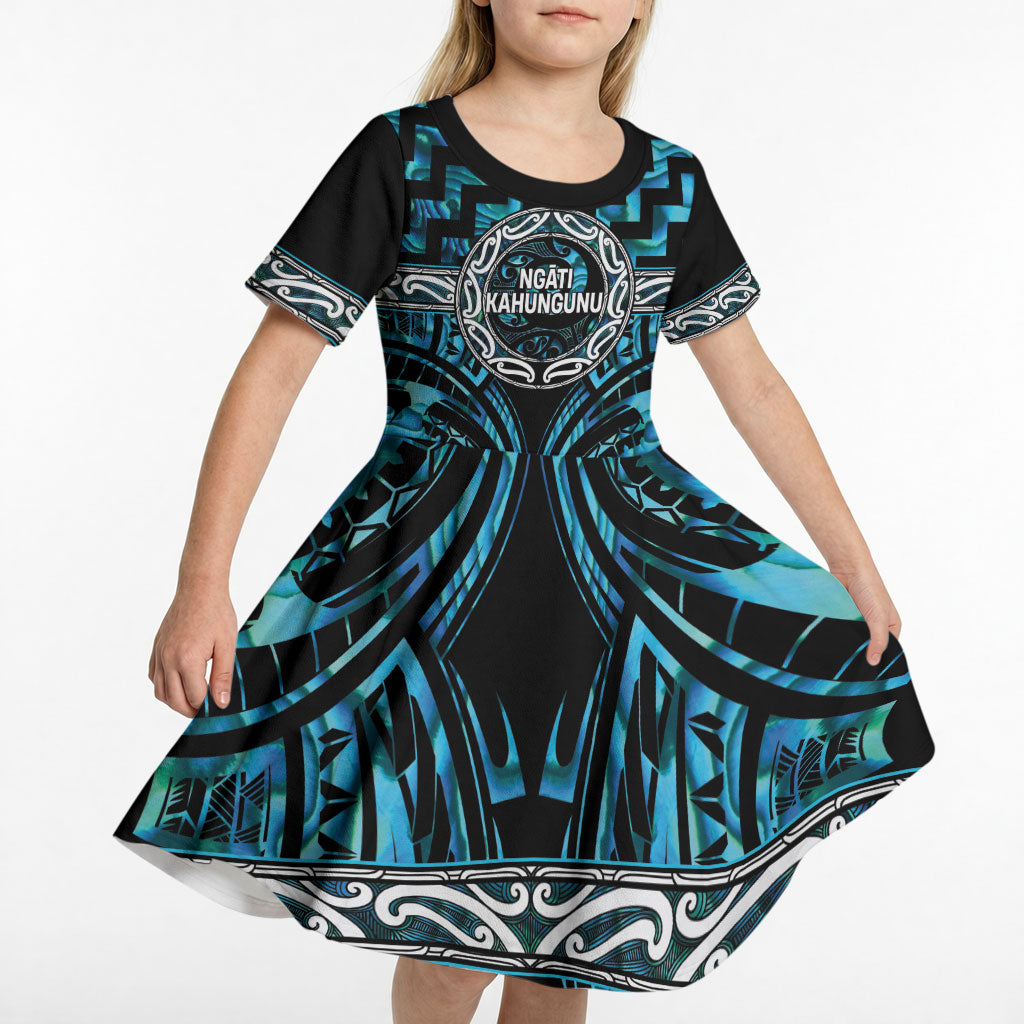 Aotearoa Ngati Kahungunu Personalised Kid Short Sleeve Dress Maori Iwi Poutama Puhoro Tattoo LT14 - Polynesian Pride