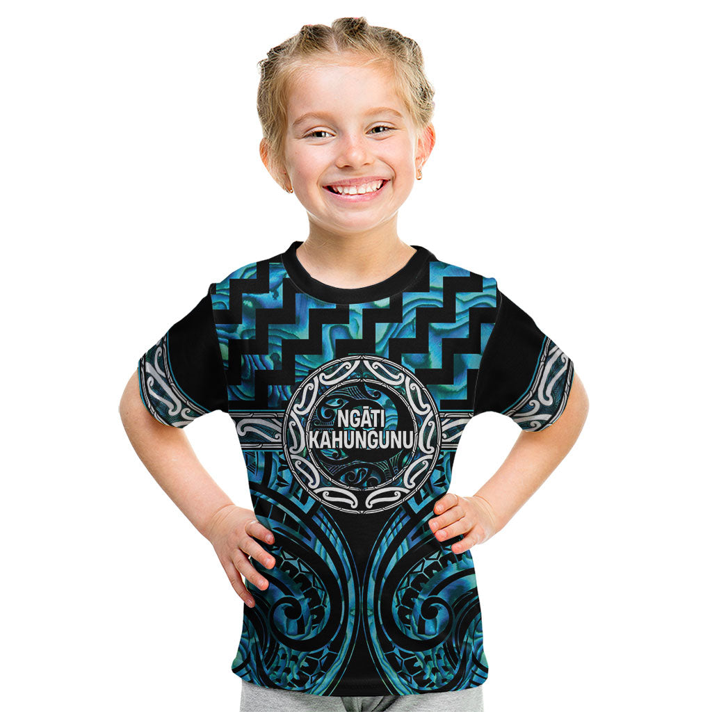 Aotearoa Ngati Kahungunu Personalised Kid T Shirt Maori Iwi Poutama Puhoro Tattoo LT14 Turquoise - Polynesian Pride