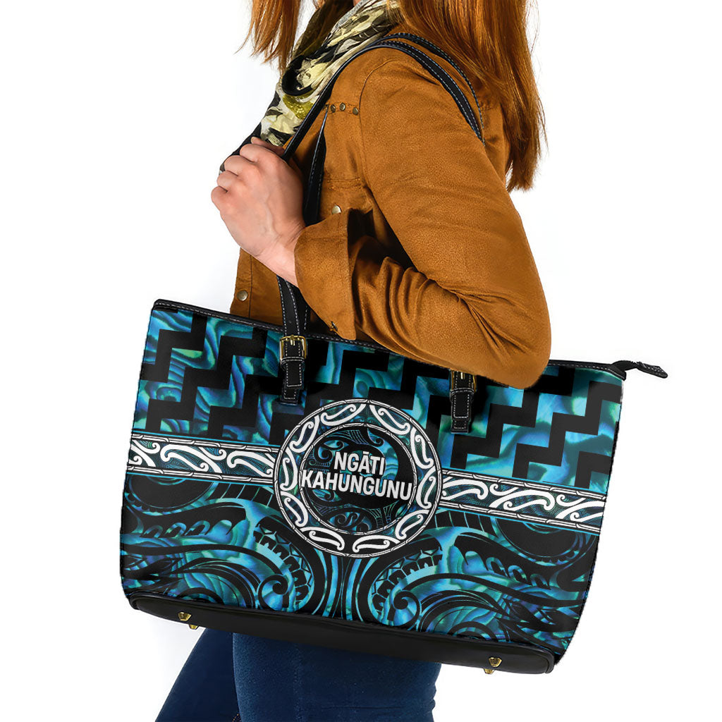 Aotearoa Ngati Kahungunu Leather Tote Bag Maori Iwi Poutama Puhoro Tattoo LT14 Turquoise - Polynesian Pride