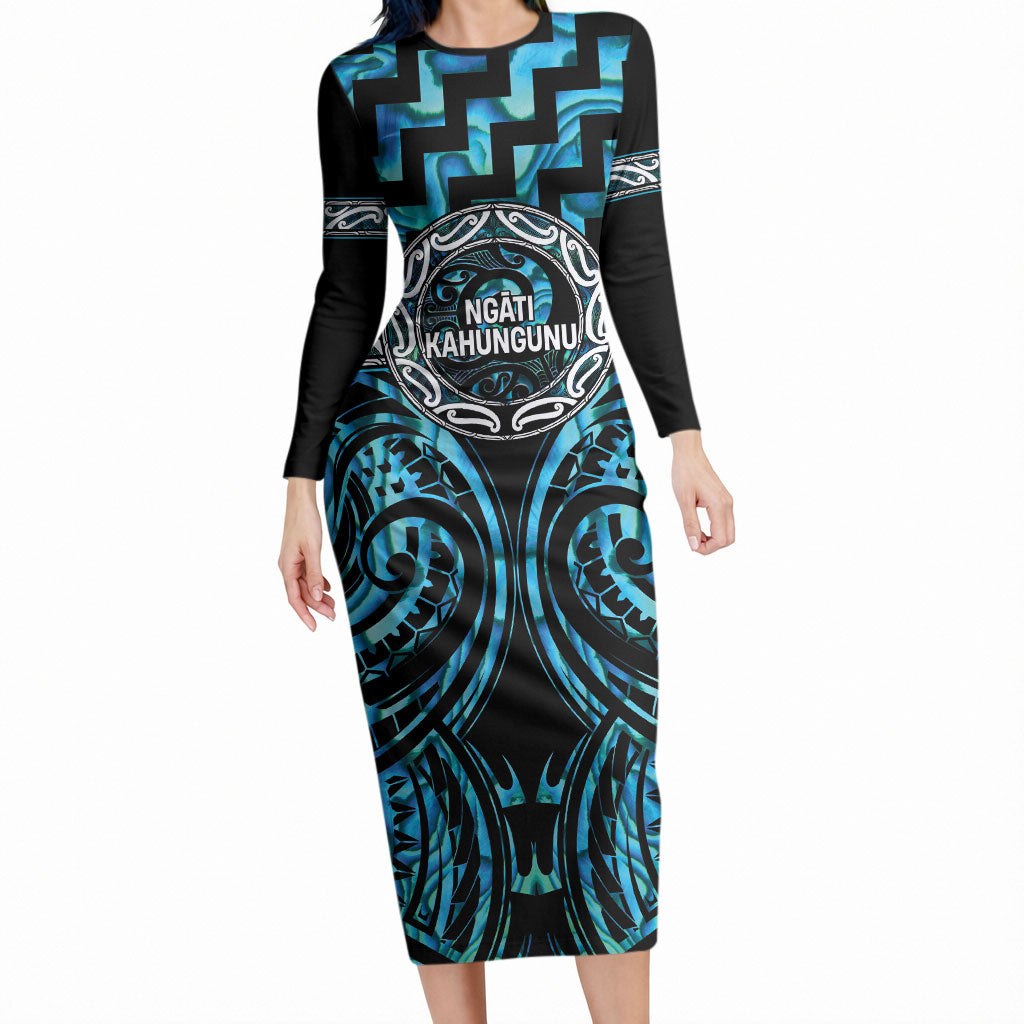 Aotearoa Ngati Kahungunu Personalised Long Sleeve Bodycon Dress Maori Iwi Poutama Puhoro Tattoo LT14 Long Dress Turquoise - Polynesian Pride