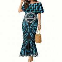 Aotearoa Ngati Kahungunu Personalised Mermaid Dress Maori Iwi Poutama Puhoro Tattoo LT14 Women Turquoise - Polynesian Pride