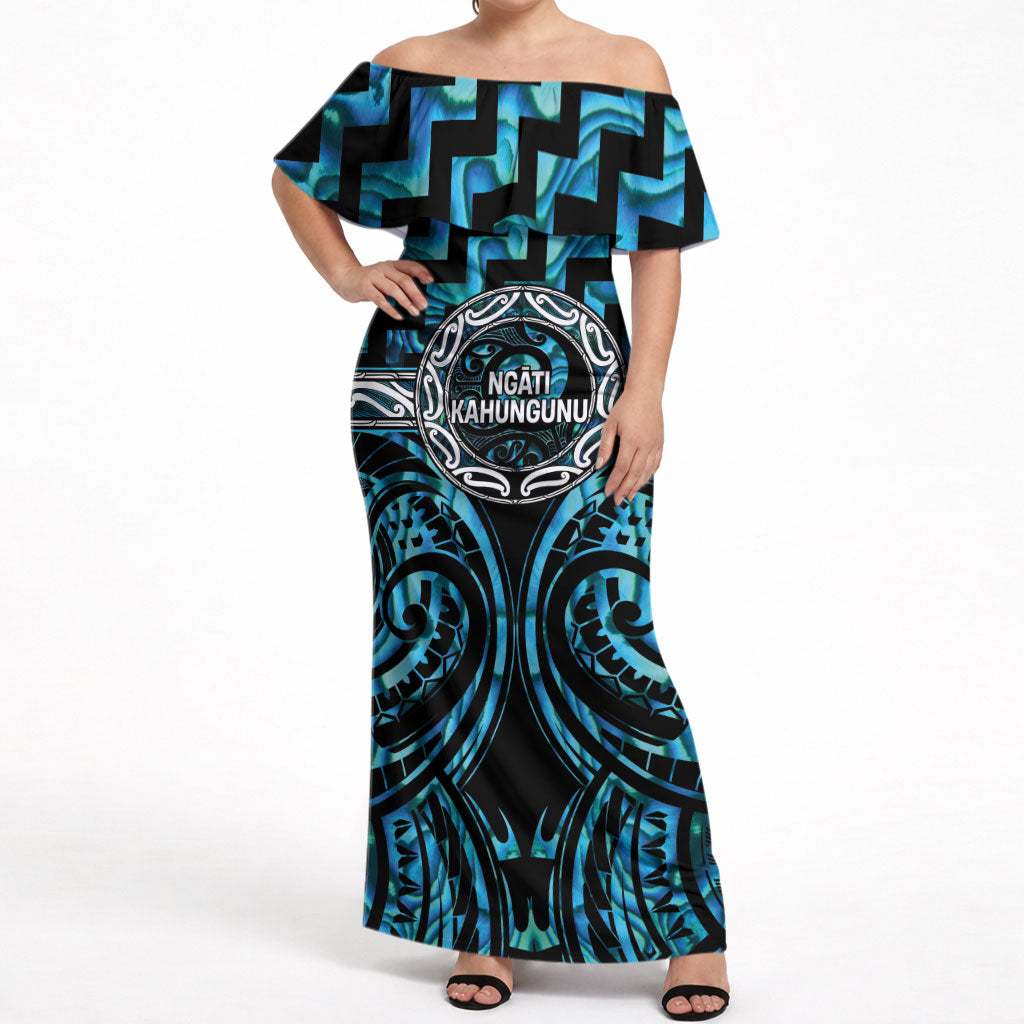 Aotearoa Ngati Kahungunu Personalised Off Shoulder Maxi Dress Maori Iwi Poutama Puhoro Tattoo LT14 Women Turquoise - Polynesian Pride
