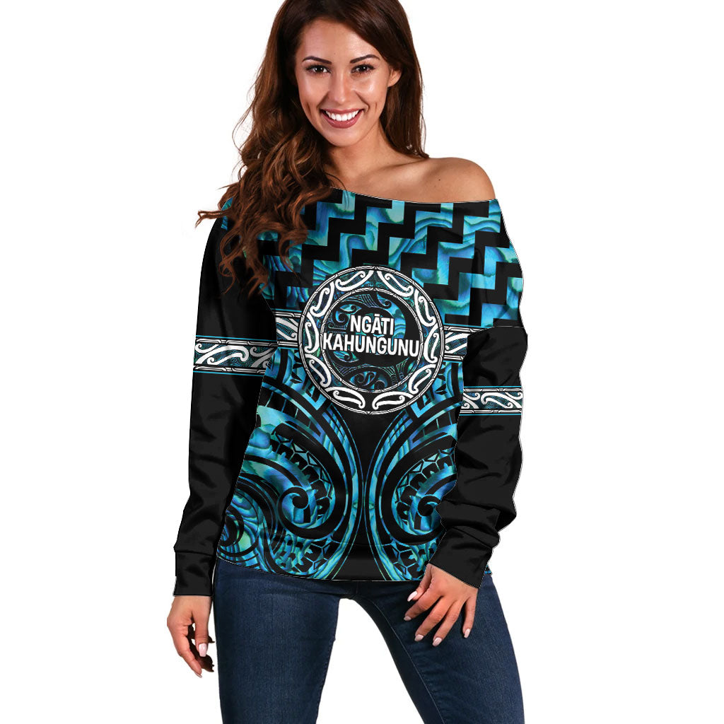 Aotearoa Ngati Kahungunu Personalised Off Shoulder Sweater Maori Iwi Poutama Puhoro Tattoo LT14 Women Turquoise - Polynesian Pride