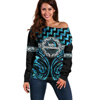 Aotearoa Ngati Kahungunu Personalised Off Shoulder Sweater Maori Iwi Poutama Puhoro Tattoo LT14 Women Turquoise - Polynesian Pride