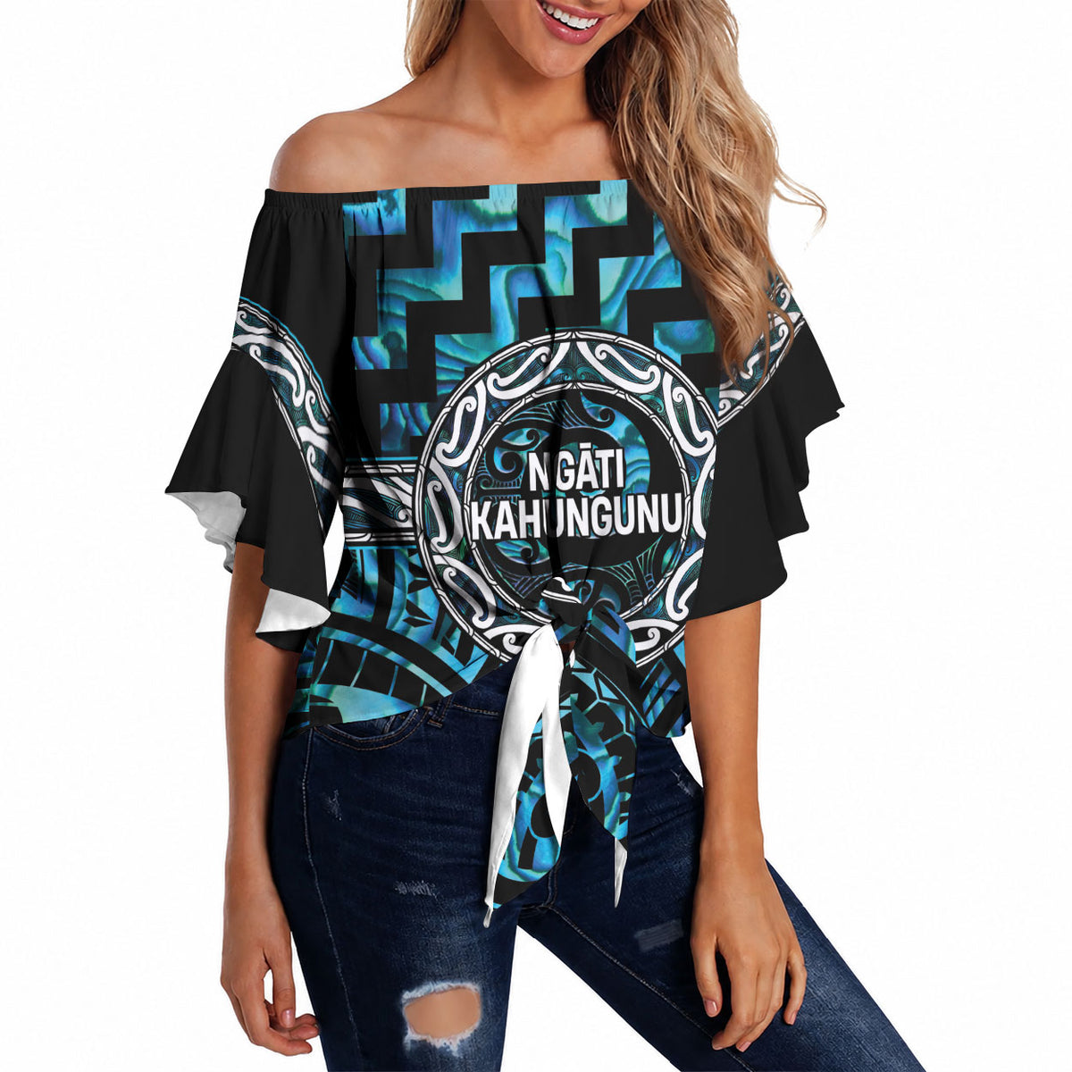 Aotearoa Ngati Kahungunu Personalised Off Shoulder Wrap Waist Top Maori Iwi Poutama Puhoro Tattoo LT14 - Polynesian Pride
