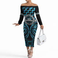 Aotearoa Ngati Kahungunu Personalised Off The Shoulder Long Sleeve Dress Maori Iwi Poutama Puhoro Tattoo LT14 Women Turquoise - Polynesian Pride