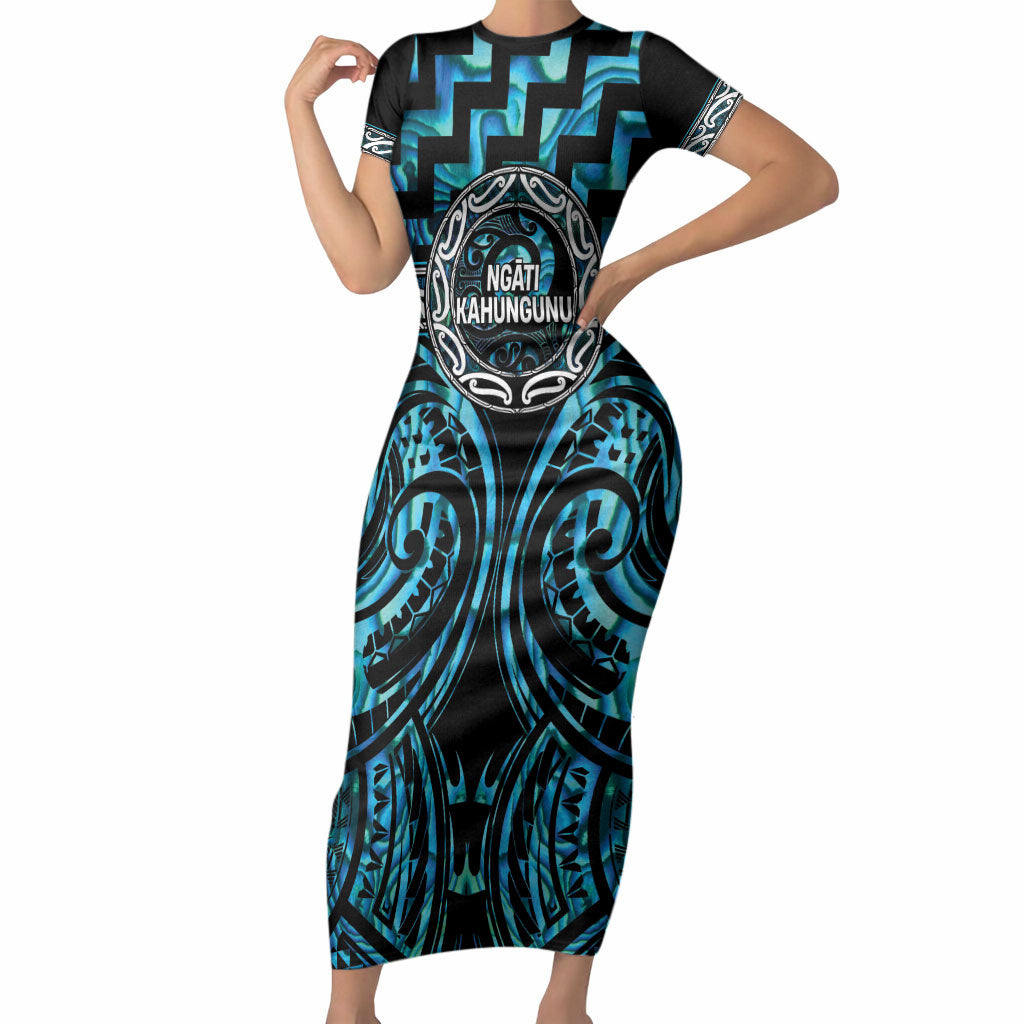 Aotearoa Ngati Kahungunu Personalised Short Sleeve Bodycon Dress Maori Iwi Poutama Puhoro Tattoo LT14 Long Dress Turquoise - Polynesian Pride