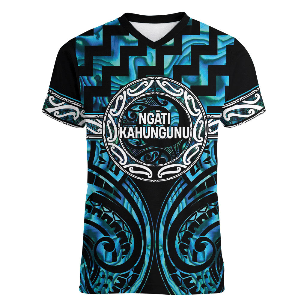 Aotearoa Ngati Kahungunu Personalised Women V-Neck T-Shirt Maori Iwi Poutama Puhoro Tattoo LT14 Female Turquoise - Polynesian Pride
