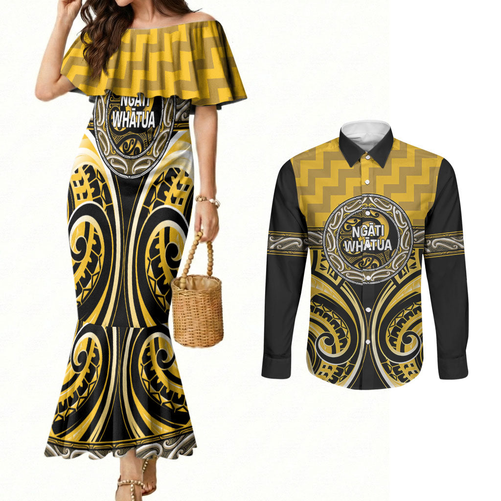 Aotearoa Ngati Whatua Personalised Couples Matching Mermaid Dress and Long Sleeve Button Shirt Maori Iwi Poutama Puhoro Tattoo LT14 Yellow - Polynesian Pride