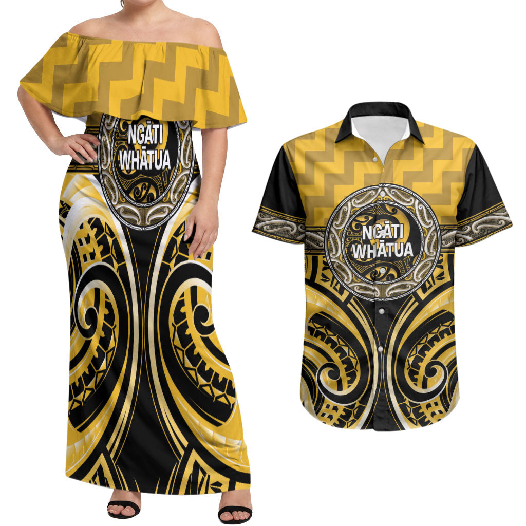 Aotearoa Ngati Whatua Personalised Couples Matching Off Shoulder Maxi Dress and Hawaiian Shirt Maori Iwi Poutama Puhoro Tattoo LT14 Yellow - Polynesian Pride