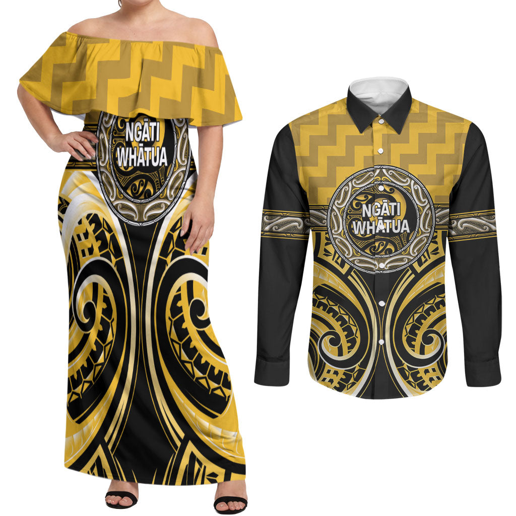 Aotearoa Ngati Whatua Personalised Couples Matching Off Shoulder Maxi Dress and Long Sleeve Button Shirt Maori Iwi Poutama Puhoro Tattoo LT14 Yellow - Polynesian Pride