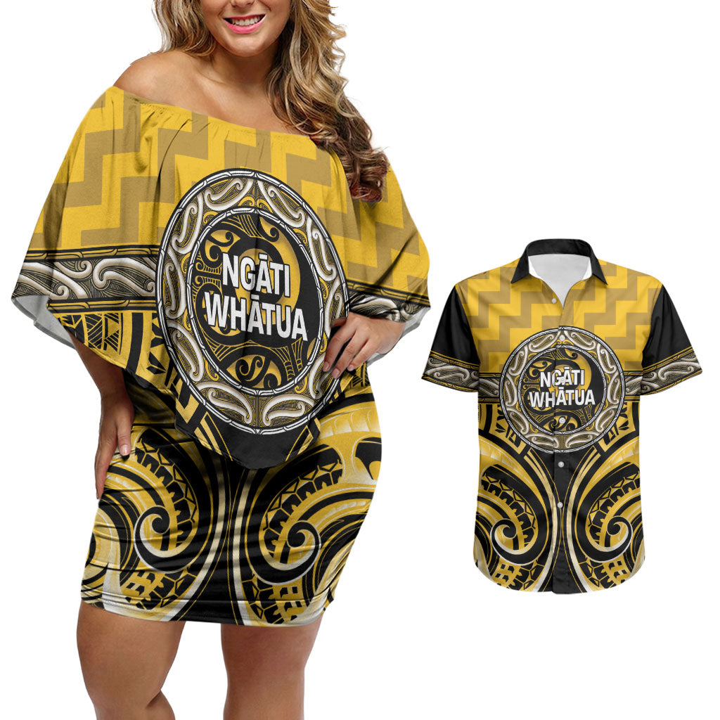 Aotearoa Ngati Whatua Personalised Couples Matching Off Shoulder Short Dress and Hawaiian Shirt Maori Iwi Poutama Puhoro Tattoo LT14 Yellow - Polynesian Pride