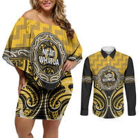 Aotearoa Ngati Whatua Personalised Couples Matching Off Shoulder Short Dress and Long Sleeve Button Shirt Maori Iwi Poutama Puhoro Tattoo LT14 Yellow - Polynesian Pride