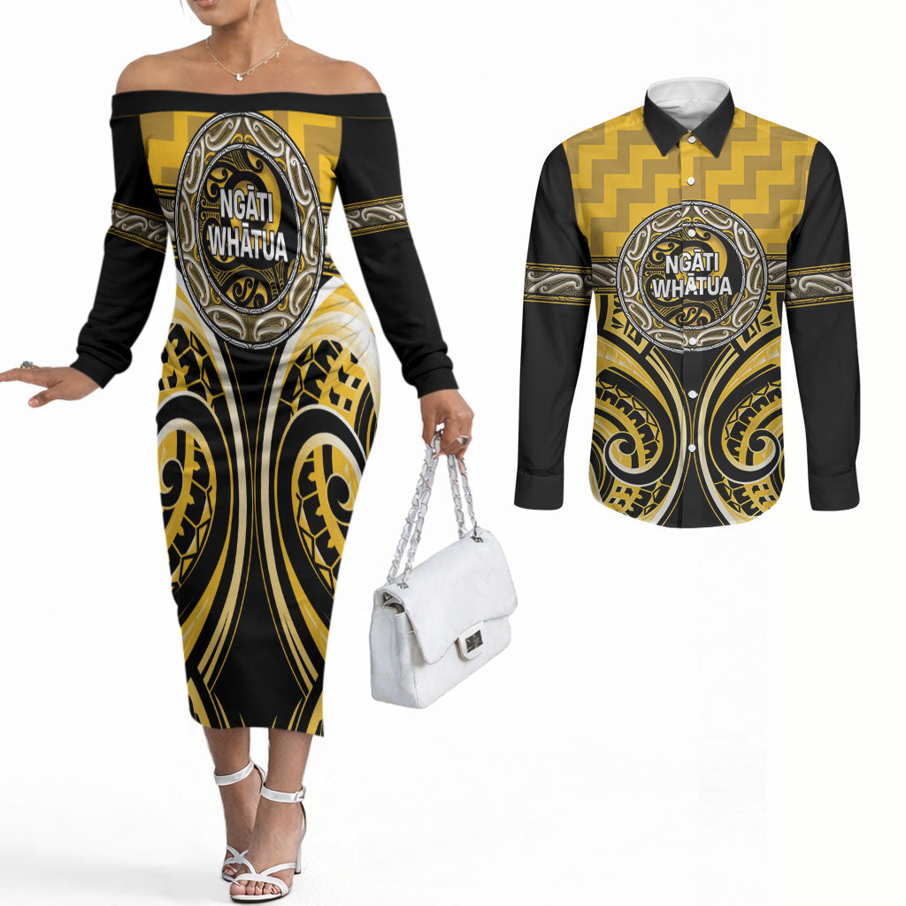 Aotearoa Ngati Whatua Personalised Couples Matching Off The Shoulder Long Sleeve Dress and Long Sleeve Button Shirt Maori Iwi Poutama Puhoro Tattoo LT14 Yellow - Polynesian Pride