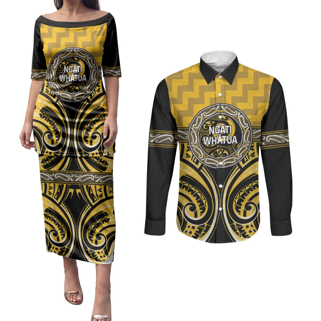 Aotearoa Ngati Whatua Personalised Couples Matching Puletasi and Long Sleeve Button Shirt Maori Iwi Poutama Puhoro Tattoo LT14 Yellow - Polynesian Pride