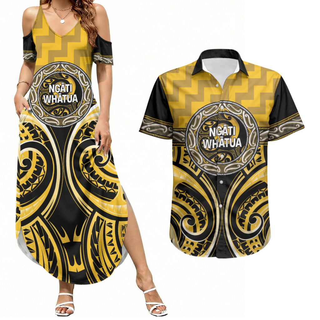 Aotearoa Ngati Whatua Personalised Couples Matching Summer Maxi Dress and Hawaiian Shirt Maori Iwi Poutama Puhoro Tattoo LT14 Yellow - Polynesian Pride