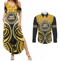 Aotearoa Ngati Whatua Personalised Couples Matching Summer Maxi Dress and Long Sleeve Button Shirt Maori Iwi Poutama Puhoro Tattoo LT14 Yellow - Polynesian Pride